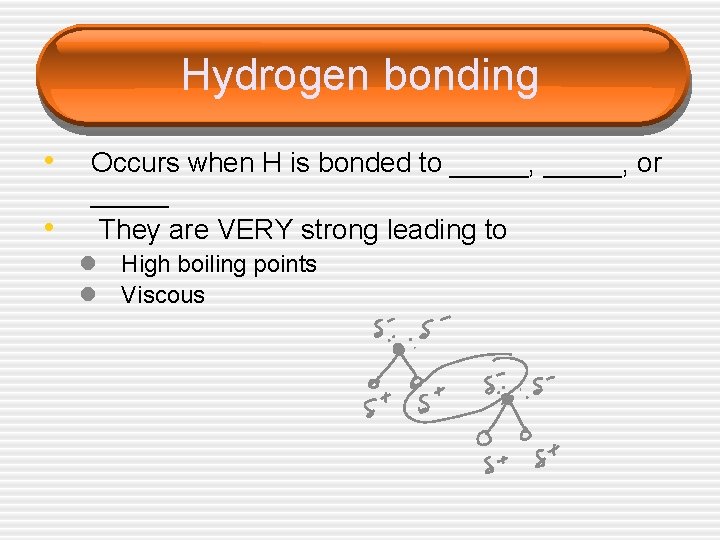 Hydrogen bonding • • Occurs when H is bonded to _____, or _____ They