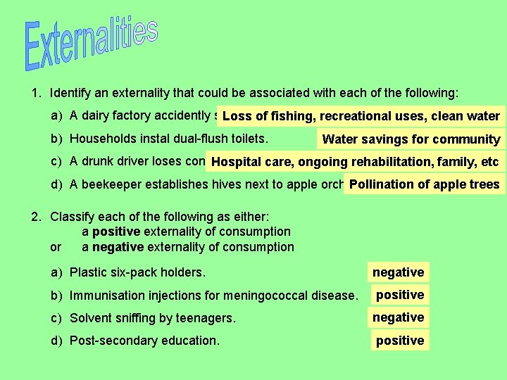 1. Identify an externality that could be associated with each of the following: a)