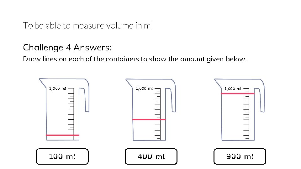 To be able to measure volume in ml Challenge 4 Answers: Draw lines on