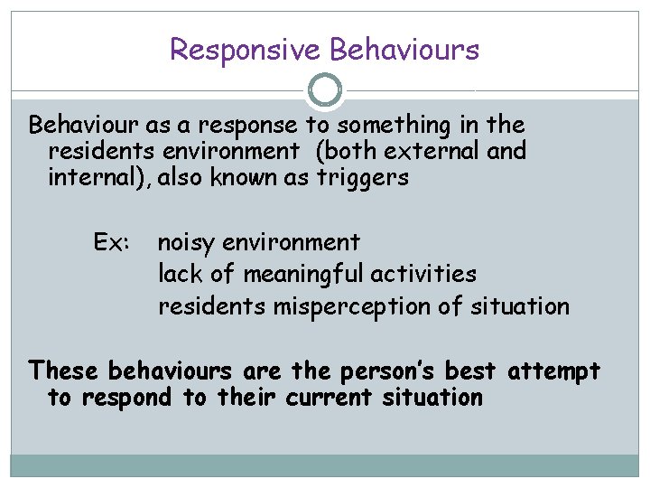 Responsive Behaviours Behaviour as a response to something in the residents environment (both external