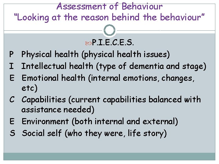 Assessment of Behaviour “Looking at the reason behind the behaviour” P. I. E. C.