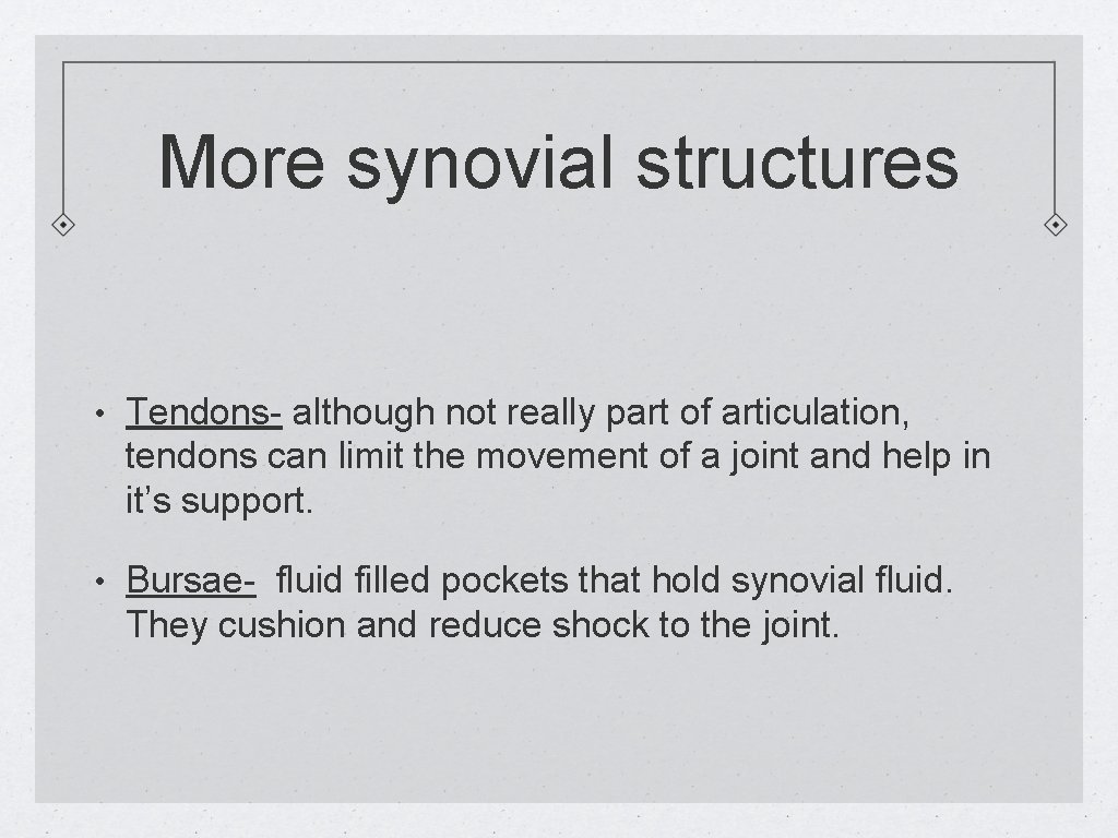 More synovial structures • Tendons- although not really part of articulation, tendons can limit