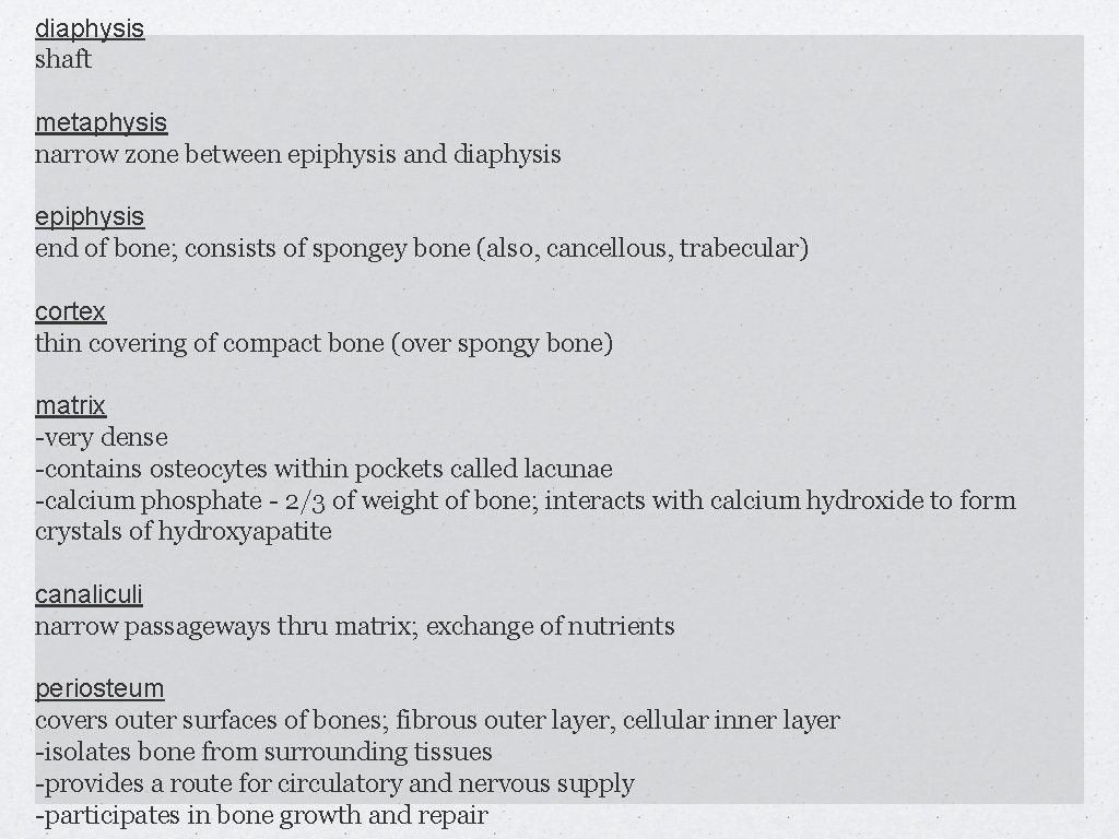 diaphysis shaft metaphysis narrow zone between epiphysis and diaphysis epiphysis end of bone; consists