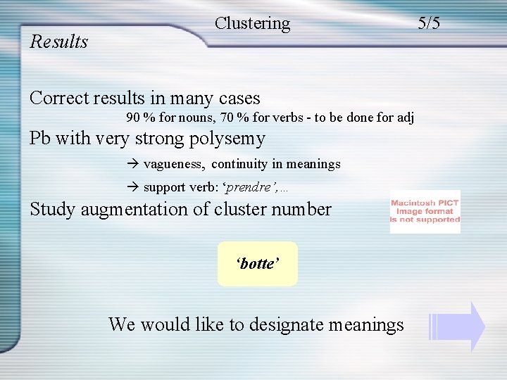Results Clustering Correct results in many cases 90 % for nouns, 70 % for