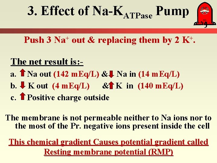 3. Effect of Na-KATPase Pump Push 3 Na+ out & replacing them by 2