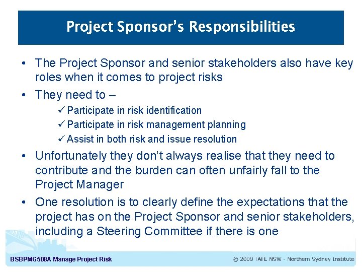 Project Sponsor’s Responsibilities • The Project Sponsor and senior stakeholders also have key roles