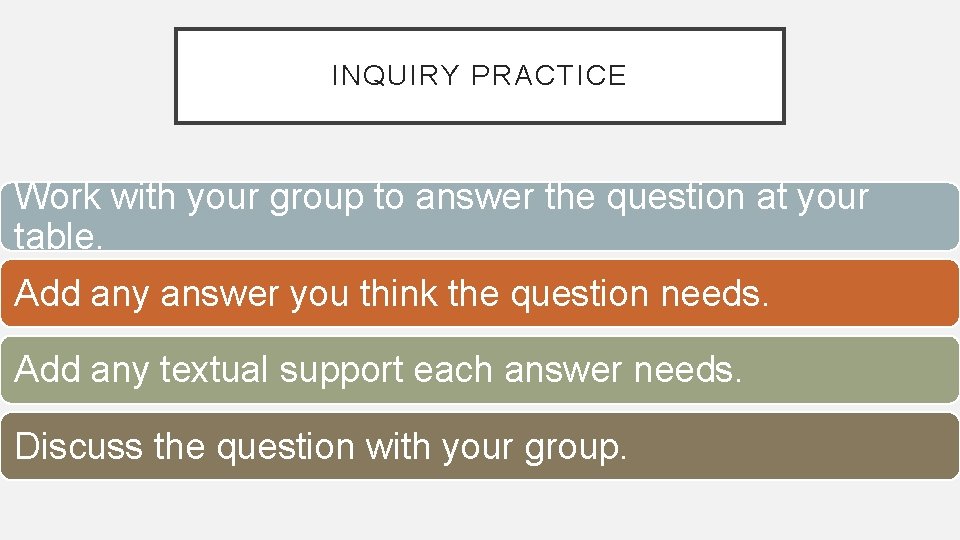 INQUIRY PRACTICE Work with your group to answer the question at your table. Add