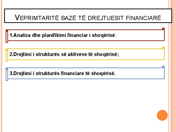 VEPRIMTARITË BAZË TË DREJTUESIT FINANCIARË 1. Analiza dhe planifikimi financiar i shoqërisë; 2. Drejtimi