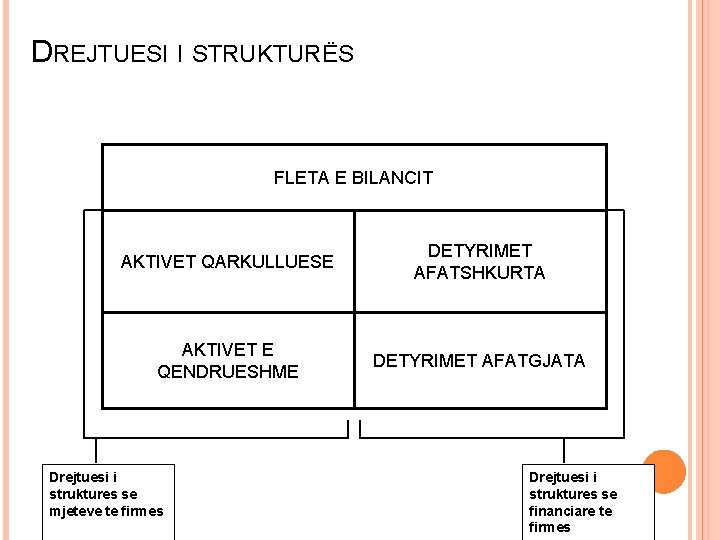 DREJTUESI I STRUKTURËS FLETA E BILANCIT AKTIVET QARKULLUESE DETYRIMET AFATSHKURTA AKTIVET E QENDRUESHME DETYRIMET