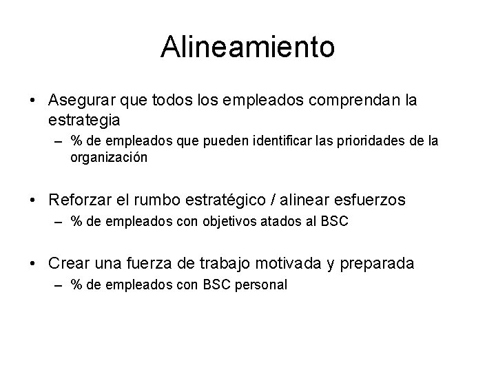 Alineamiento • Asegurar que todos los empleados comprendan la estrategia – % de empleados