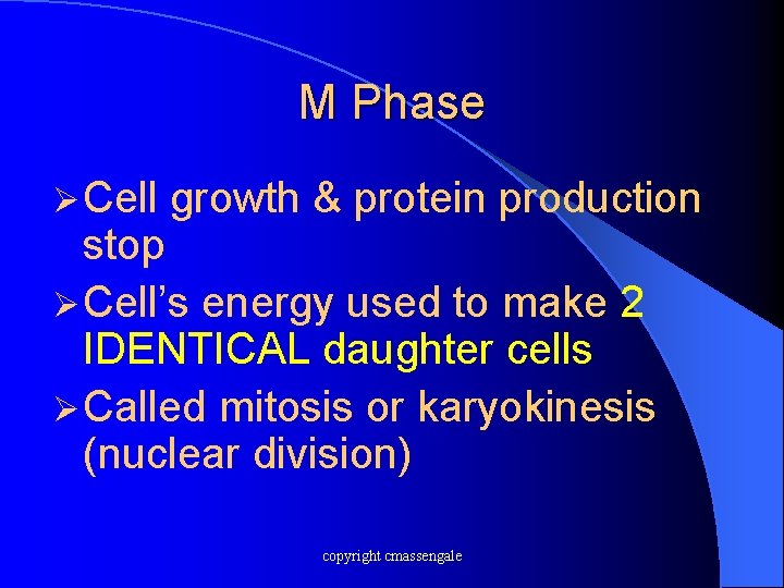 M Phase Ø Cell growth & protein production stop Ø Cell’s energy used to