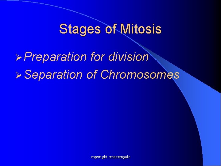 Stages of Mitosis Ø Preparation for division Ø Separation of Chromosomes copyright cmassengale 