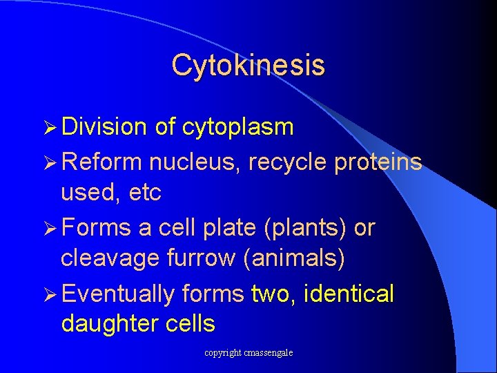 Cytokinesis Ø Division of cytoplasm Ø Reform nucleus, recycle proteins used, etc Ø Forms