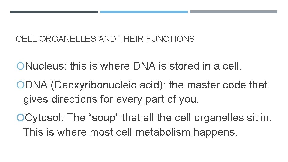 CELL ORGANELLES AND THEIR FUNCTIONS Nucleus: this is where DNA is stored in a