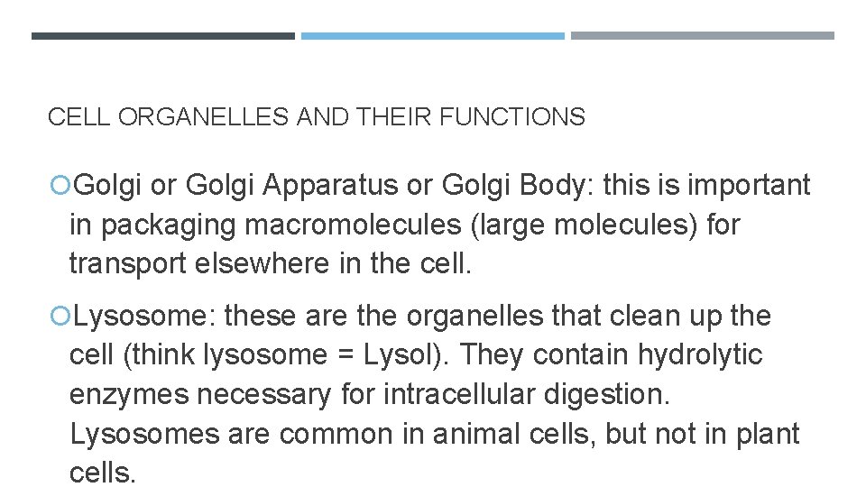 CELL ORGANELLES AND THEIR FUNCTIONS Golgi or Golgi Apparatus or Golgi Body: this is