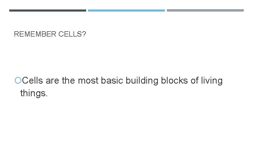 REMEMBER CELLS? Cells are the most basic building blocks of living things. 