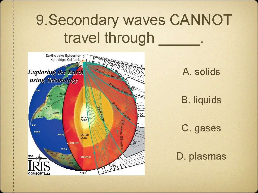 9. Secondary waves CANNOT travel through _____. A. solids B. liquids C. gases D.