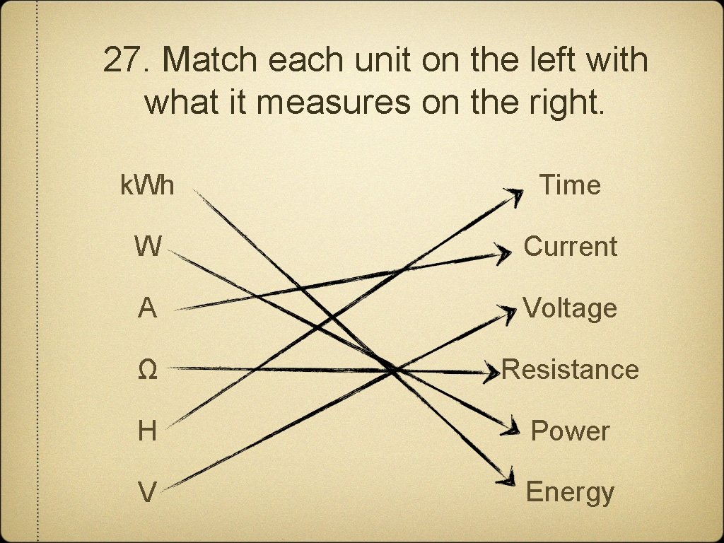 27. Match each unit on the left with what it measures on the right.