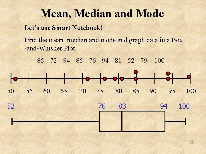 Mean, Median and Mode Let’s use Smart Notebook! Find the mean, median and mode