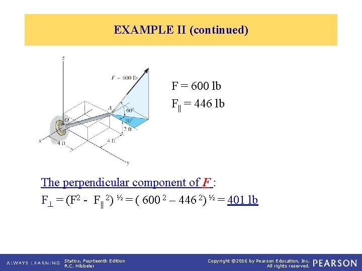 EXAMPLE II (continued) F = 600 lb F|| = 446 lb The perpendicular component