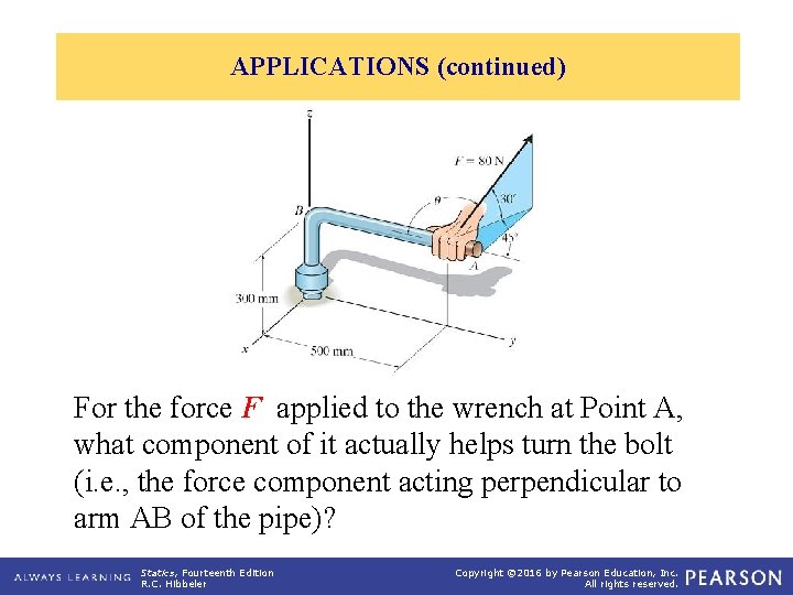 APPLICATIONS (continued) For the force F applied to the wrench at Point A, what