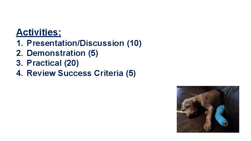 Activities: 1. 2. 3. 4. Presentation/Discussion (10) Demonstration (5) Practical (20) Review Success Criteria