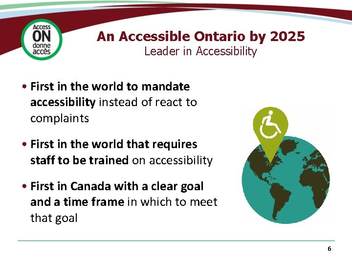 An Accessible Ontario by 2025 Leader in Accessibility • First in the world to