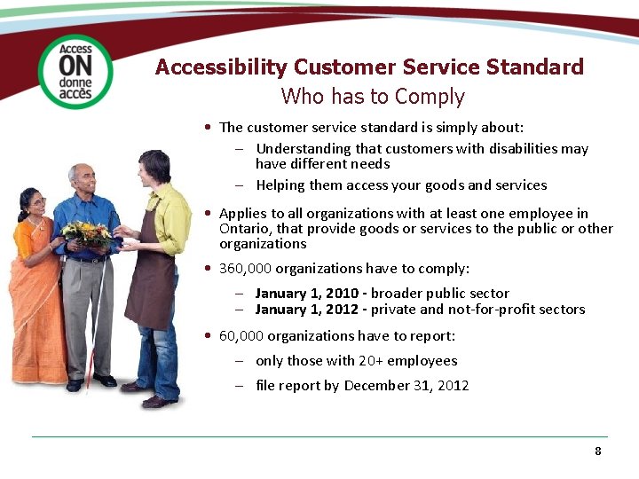 Accessibility Customer Service Standard Who has to Comply • The customer service standard is