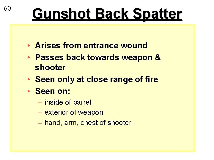 60 Gunshot Back Spatter • Arises from entrance wound • Passes back towards weapon