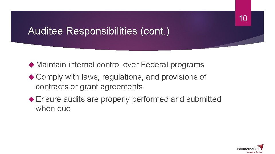 10 Auditee Responsibilities (cont. ) Maintain internal control over Federal programs Comply with laws,