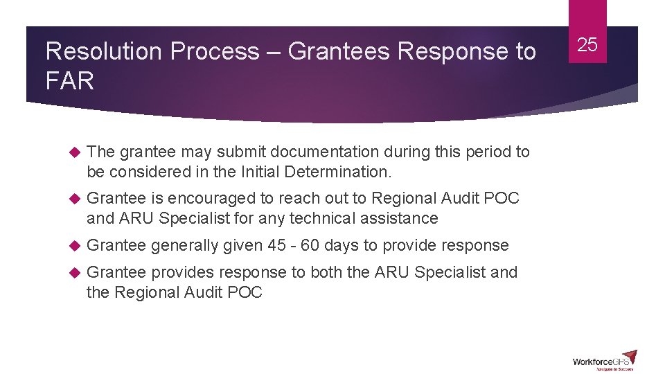 Resolution Process – Grantees Response to FAR The grantee may submit documentation during this