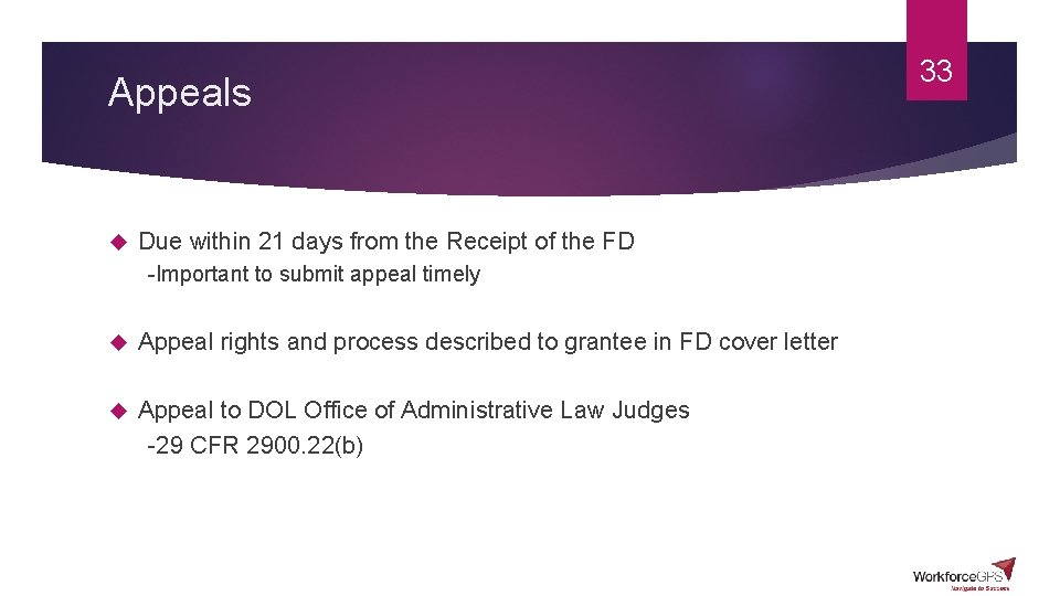Appeals Due within 21 days from the Receipt of the FD -Important to submit