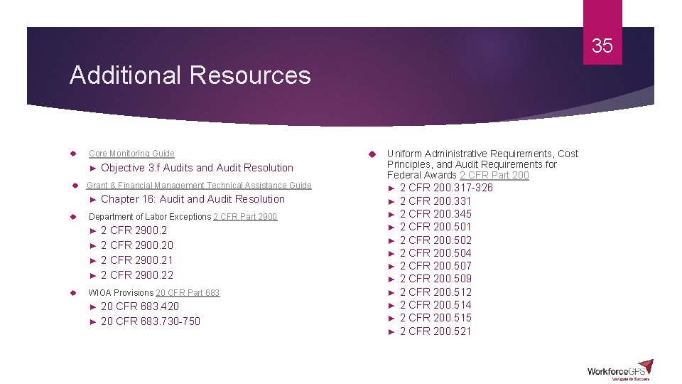 35 Additional Resources Core Monitoring Guide ► Grant & Financial Management Technical Assistance Guide