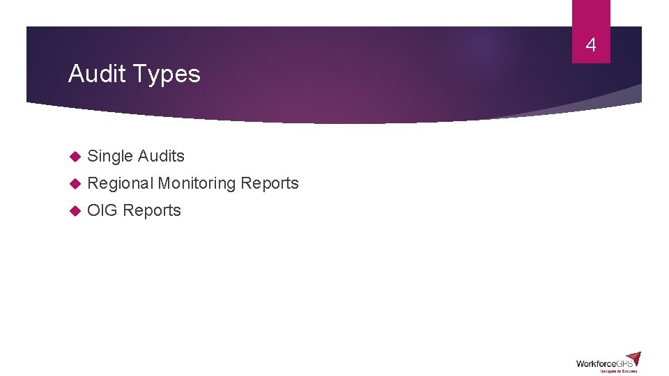 4 Audit Types Single Audits Regional Monitoring Reports OIG Reports 