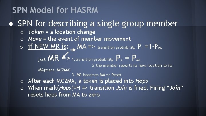 SPN Model for HASRM ● SPN for describing a single group member o Token