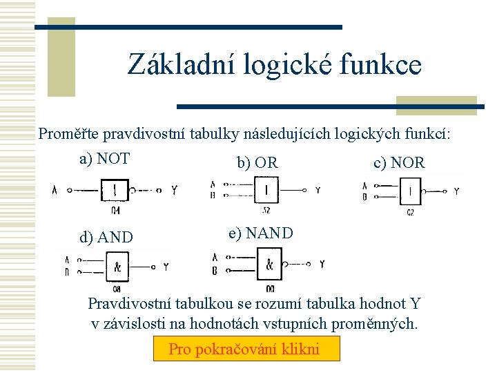 Základní logické funkce Proměřte pravdivostní tabulky následujících logických funkcí: a) NOT b) OR c)