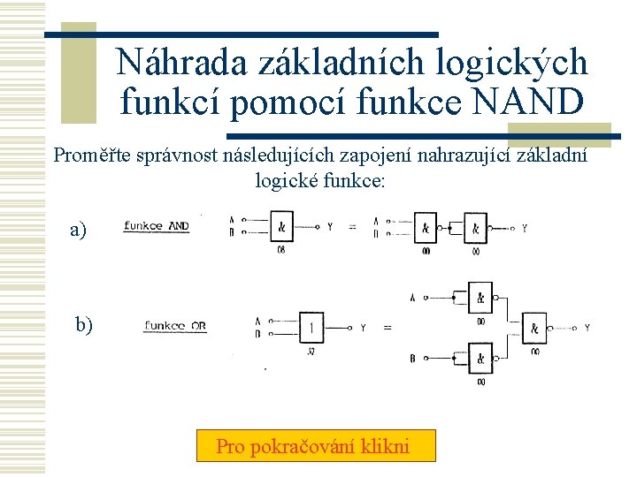 Náhrada základních logických funkcí pomocí funkce NAND Proměřte správnost následujících zapojení nahrazující základní logické