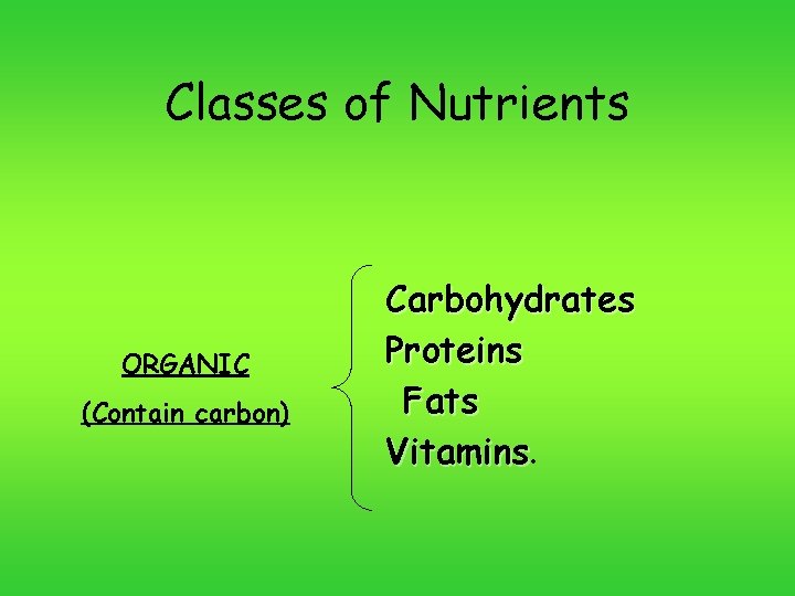 Classes of Nutrients ORGANIC (Contain carbon) Carbohydrates Proteins Fats Vitamins 