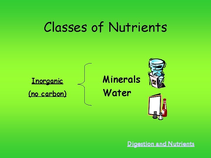 Classes of Nutrients Inorganic (no carbon) Minerals Water Digestion and Nutrients 
