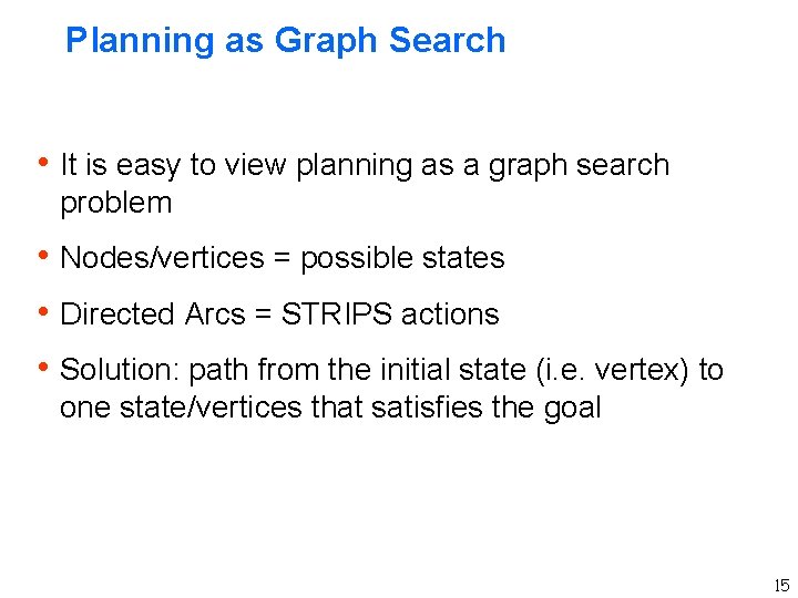 Planning as Graph Search h It is easy to view planning as a graph