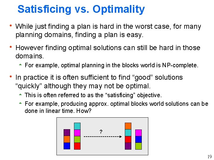 Satisficing vs. Optimality h While just finding a plan is hard in the worst