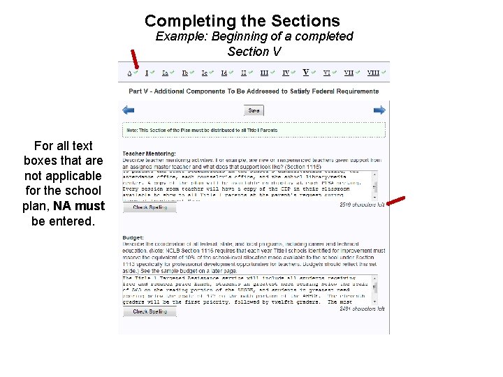 Completing the Sections Example: Beginning of a completed Section V For all text boxes