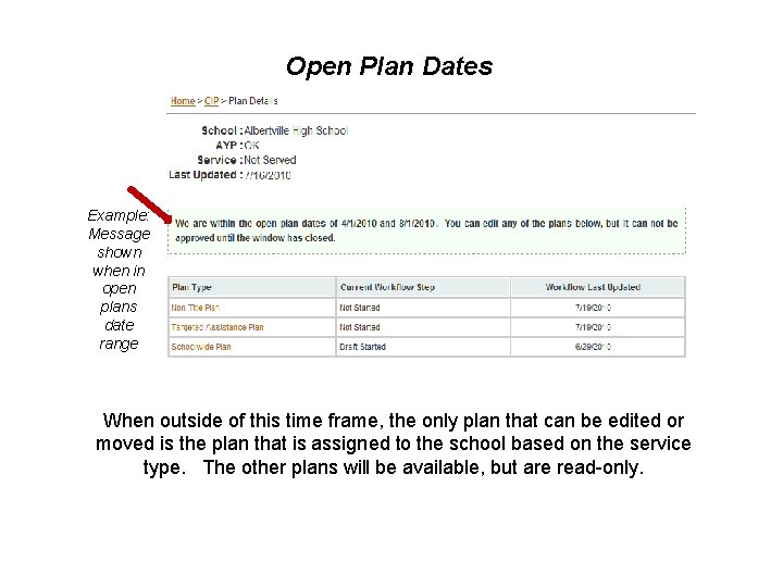 Open Plan Dates Example: Message shown when in open plans date range When outside