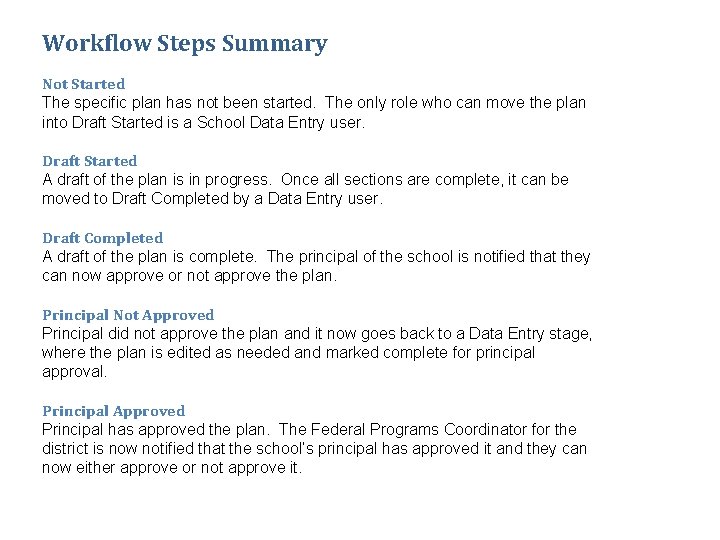 Workflow Steps Summary Not Started The specific plan has not been started. The only