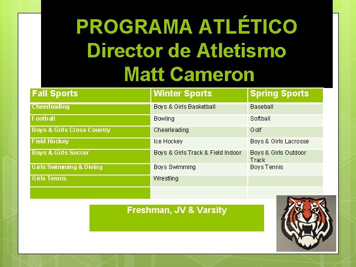 PROGRAMA ATLÉTICO Director de Atletismo Matt Cameron Fall Sports Winter Sports Spring Sports Cheerleading