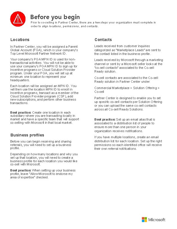 Before you begin Prior to co-selling in Partner Center, there a few steps your