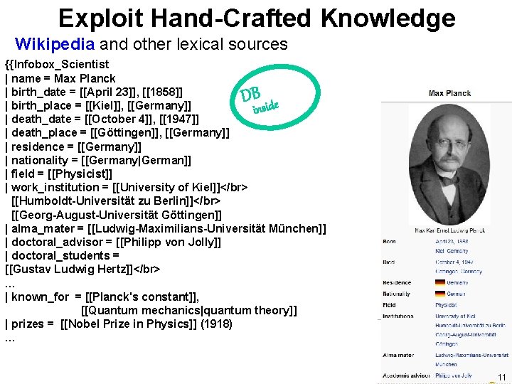 Exploit Hand-Crafted Knowledge Wikipedia and other lexical sources {{Infobox_Scientist | name = Max Planck