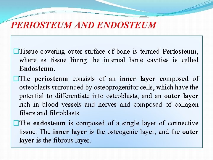 PERIOSTEUM AND ENDOSTEUM �Tissue covering outer surface of bone is termed Periosteum, where as