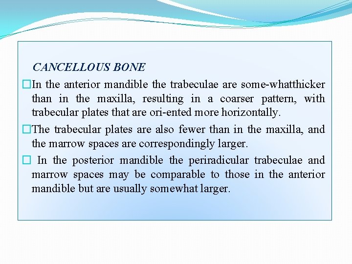 CANCELLOUS BONE �In the anterior mandible the trabeculae are some whatthicker than in the