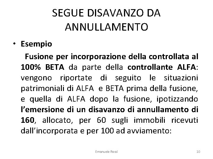 SEGUE DISAVANZO DA ANNULLAMENTO • Esempio Fusione per incorporazione della controllata al 100% BETA